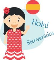 illustration of cartoon characters saying hello and welcome in Spanish vector