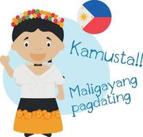 illustration of cartoon character saying hello and welcome in Tagalog vector