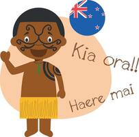 ilustración de dibujos animados personaje diciendo Hola y Bienvenido en maorí vector