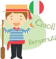 illustration of cartoon characters saying hello and welcome in Italian vector