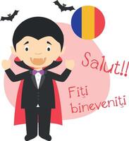 illustration of cartoon character saying hello and welcome in Romanian vector