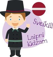 illustration of cartoon character saying hello and welcome in Latvian vector