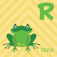 Cute cartoon zoo illustrated alphabet with funny animals. Spanish alphabet. R for Frog in spanish. Learn to read. Isolated illustration. vector