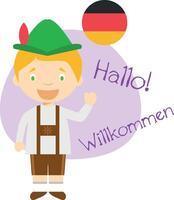 illustration of cartoon characters saying hello and welcome in German vector