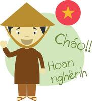 ilustración de dibujos animados personaje diciendo Hola y Bienvenido en vietnamita vector