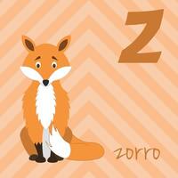Cute cartoon zoo illustrated alphabet with funny animals. Spanish alphabet. Z for Fox in spanish. Learn to read. Isolated illustration. vector