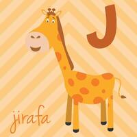 Cute cartoon zoo illustrated alphabet with funny animals. Spanish alphabet. J for Giraffe in spanish. Learn to read. Isolated illustration. vector