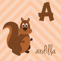 Cute cartoon zoo illustrated alphabet with funny animals. Spanish alphabet. A for Squirrel in spanish. Learn to read. Isolated illustration. vector