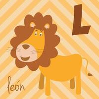 Cute cartoon zoo illustrated alphabet with funny animals. Spanish alphabet. L for Lion in spanish. Learn to read. Isolated illustration. vector