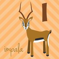 Cute cartoon zoo illustrated alphabet with funny animals. Spanish alphabet. I for Impala in spanish. Learn to read. Isolated illustration. vector
