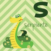 Cute cartoon zoo illustrated alphabet with funny animals. Spanish alphabet. S for Snake in spanish. Learn to read. Isolated illustration. vector