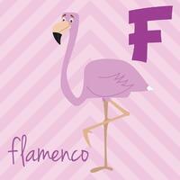 Cute cartoon zoo illustrated alphabet with funny animals. Spanish alphabet. F for Flamingo in spanish. Learn to read. Isolated illustration. vector