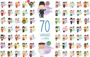 illustration of cartoon characters saying hello and welcome in 70 different languages of the world vector