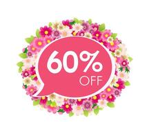 Advertising round label up to 60 percent off discount. Sale banner with pink flowers and talking cloud frame. Order on the phone, online sale Internet button. Creative icon, floral logo template. vector