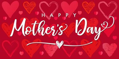 Happy Mother's Day red poster with sketch hearts pattern vector