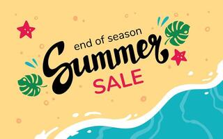 Summer end voucher lettering. Summer sales coupon design template. Discount illustration with monstera leaves. Sandy beach with sea waves. Summer banner, beach background. Vacation concept vector