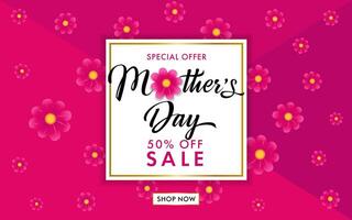 Happy Mothers Day sale banner with flowers and pink background vector
