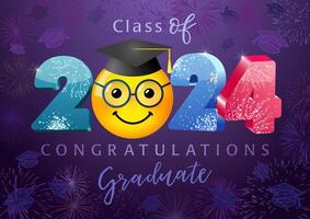 Class of 2024 congratulations graduate greeting card. Bright wallpaper banner with Internet character face. 3D graphic design. Shiny colorful number. Web icon. Graduating 3 D emoticon. School template vector