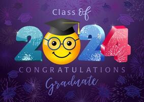 clase de 2024 Felicidades graduado saludo tarjeta. brillante fondo de pantalla bandera con Internet personaje rostro. 3d gráfico diseño. brillante vistoso número. web icono. graduarse 3 re emoticono colegio modelo vector