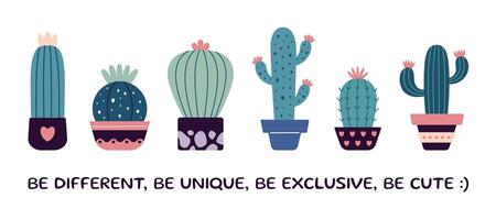 Set of blooming cacti, succulents in pots. Cute cartoon cactus. Doodle style, flat design. Scandinavian, boho style postcard. Tropical Plant, home decor. Uniqueness, diversity concept vector