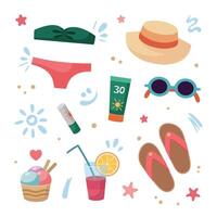 Beach holidays concept. Flat design, cartoon illustration. Female Beach accessories, elements. Summer vacation. Sunscreen tubes. Strokes of sunscreen cream. Beach holidays concept. Flat design vector