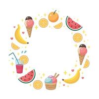 Summer sweets, fruits round frame, copy space, template. Doodle Summer Beach picnic circular frame. Summertime fruits, ice creams, juices. Cartoon illustration. Flat design. vector