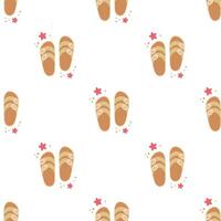 Flip flops icon with starfishes seamless pattern. Cute texture for summer design. Beach vacation concept. Cartoon illustration isolated on white. Flat design. vector