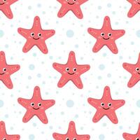 Cartoon cute kawaii starfish character with water bubbles seamless pattern. Pink sea animal. Ocean, underwater illustration texture. Flat design. Illustration on white background. vector