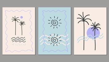 Summer tropical boho abstract posters. Hand drawn illustration, marine motive, sea coast landscape, sunset. Design cards in minimalist style for template, print, paper, decor, postcard, logo vector