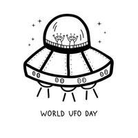 World Ufo Day sketch hand drawn illustration in cartoon style. Minimalist ink graphic with spaceship, alien and stars on isolated background for card, congratulation, print, paper, poster, sign vector