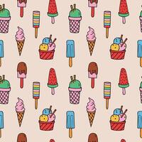 Ice Cream hand drawn cartoon seamless pattern. Repeating background with different kind sweets dessert. Food illustration. Design for label, logo, poster, card, flyer, print, paper, textile vector