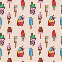 Ice Cream hand drawn cartoon seamless pattern. Repeating background with different kind sweets dessert. Food illustration. Design for label, logo, poster, card, flyer, print, paper, textile vector