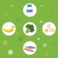 Leche botella, pez, plátano y brócoli antecedentes vector