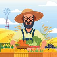 Organic production, farmer selling fruits and vegetables, farm vector