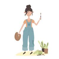 Cute cartoon flat girl artist. Young white woman in blue overalls. Creative person holds palette for paints and brush. Stylized isolated illustration for art school or class, paint shop, exhibition vector
