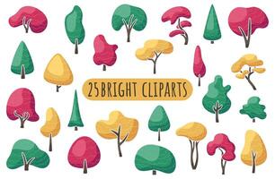 Set of different fantasy cartoon flat tree. Abstract forest, park or garden plants. Bright stylized cliparts. Cute illustrations isolated on white background. Elements for graphic design. vector