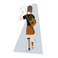 Cute schoolgirl runs with a backpack on his shoulders. Beautiful teen girl with two pigtails in a sundress and long socks. Fashion flat illustration. Being late for the bus, to school, to university. vector