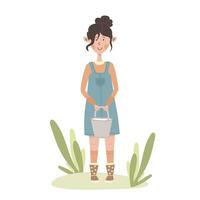 Cute cartoon flat girl milkmaid. Young woman in sundress stands in the garden with bucket of milk. Happy rural farming life. Housework in the fresh air. Slow lifestyle. Love of nature and agriculture. vector
