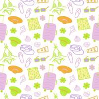 Travel seamless pattern with accessories for beach. Repeating background with suitcase, sunglasses, swimsuit, shells, camera, cap. Hand drawn illustration in cartoon style, cheerful motive vector
