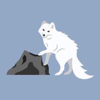 Beautiful cute fluffy white arctic fox. Cartoon illustration of a wild polar animal from the tundra, Siberia, north. Clipart, element for eco poster design of a charity for the protection of animals. vector