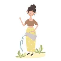 Cute cartoon flat girl gardener. Stylized isolated illustration of young woman watering plants with a can. Happy summer character in the garden kindly waves his hand. Farm lifestyle. Outdoor hobbies. vector