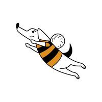 Comic cartoon dog flying in a funny striped bee costume. Emoji sticker. Inspiration, motivation. Simple isolated flat illustration with dachshund character. Cool mascot for stickers, logos, branding. vector