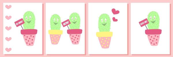 Happy Valentines day gift card design. Design for flower business. Cactus character in love in a pink pot. Eyes of the heart. Funny cute set of Valentines postcards. Cactus mascot. vector