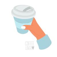 Takeaway paper cup of coffee in female hand. Coffee break time vector