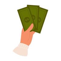 Hand holds paper green money. Paper dollar banknote in hand. Cash currency vector