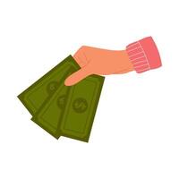 Hand holds paper green money. Paper dollar banknote in hand. Cash currency vector