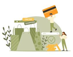 Characters search gifts in online store and pay using credit bank card. Online shopping concept vector