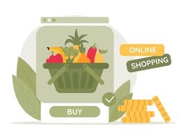 Online market. Shopping cart Recycle bag full of organic food. Online shopping concept vector