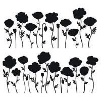 Poppy flowers silhouettes set isolated on white background. vector