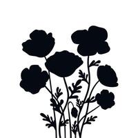 Poppy flowers bouquet silhouette isolated on white background. Poppies flowers bunch silhouettes vector